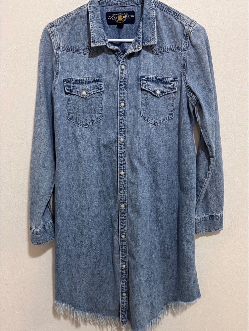 Lucky Brand Denim Shirt Dress with Frayed Hem, Size Small